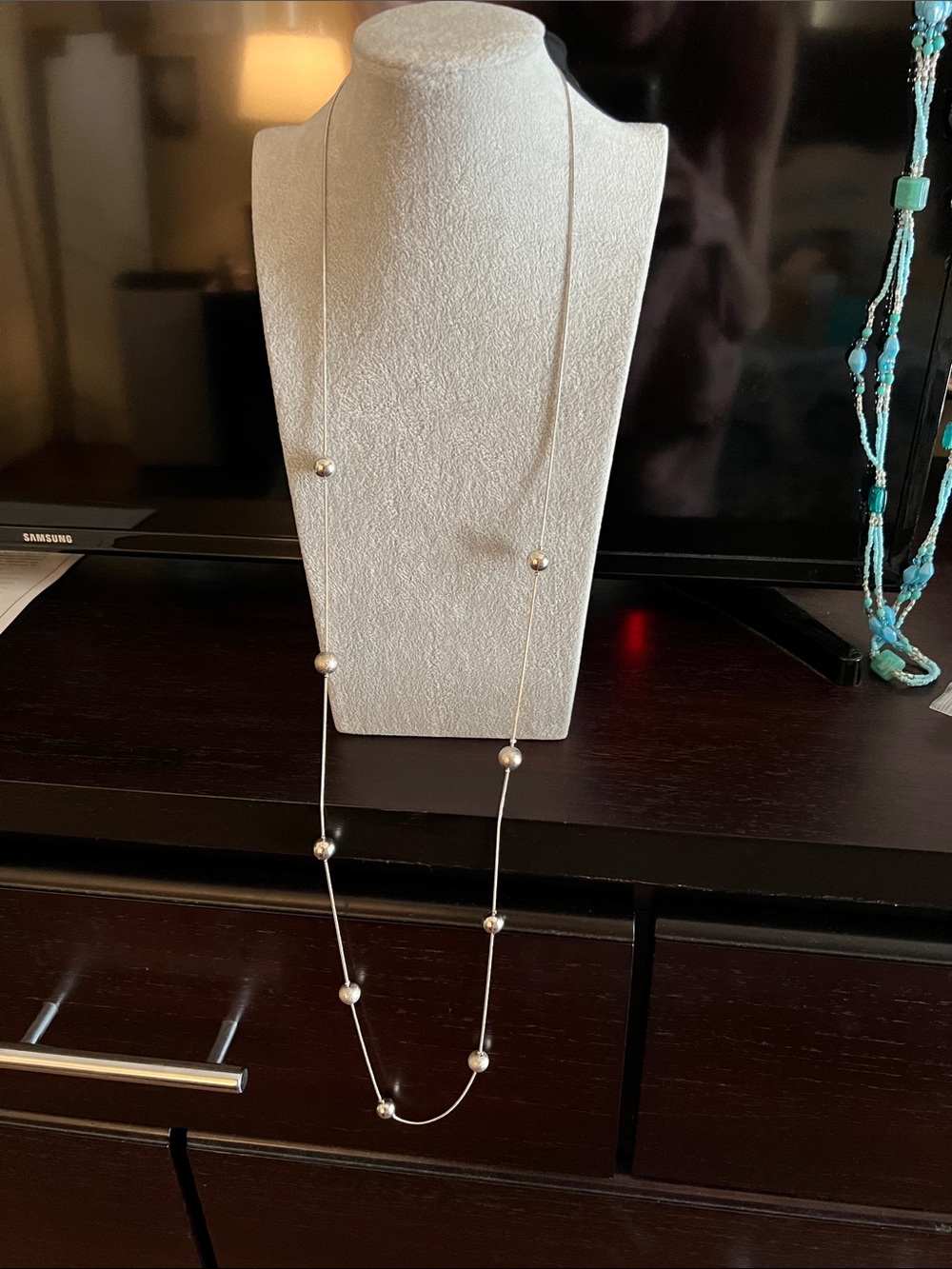 Long Silver Bead Station Necklace - Women Jewelry